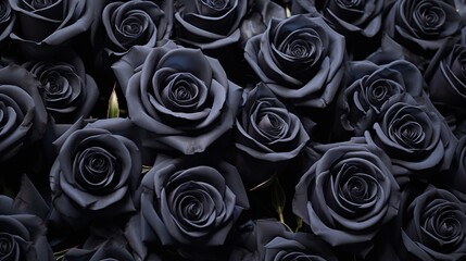 Rose flowers pattern background. A close-up view of numerous black roses, showcasing their petals and intricate details. 
