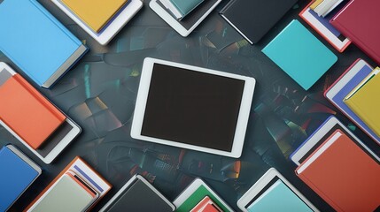 A flat lay showcasing tablets and e-readers displaying digital educational materials, highlighting the modern shift to digital learning. Generative AI