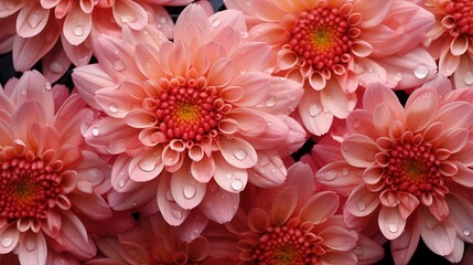 Fototapeta premium Blooming Spider Mum flowers composition. Close-up of pink chrysanthemums with water droplets on petals. Full screen filled.