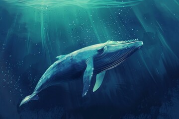 Fototapeta premium Large blue whale swimming gracefully upwards toward the light in the dark depths of the ocean