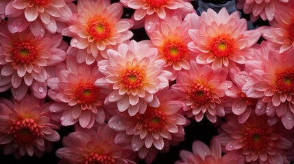 Fototapeta premium Spider Mum flowers pattern background. Close-up of pink chrysanthemum flowers with water droplets on petals. Full screen filled.