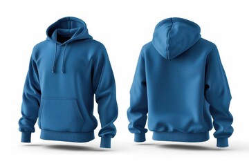 front and back view of blank blue hoodie mockup on white background 3d illustrations