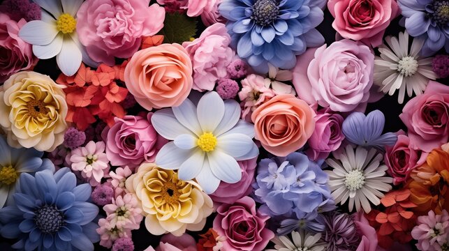 Fototapeta Many Various flowers bouquet wallpaper. A vibrant assortment of various colorful flowers, including roses, daisies, and chrysanthemums, arranged closely together. Full screen filled.