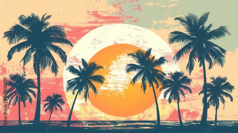 Poster a vibrant silhouette of palm trees against a setting sun over the ocean. a minimalist and bright des