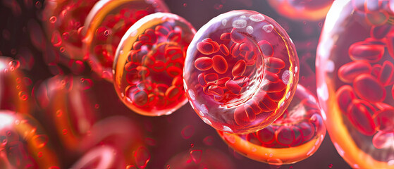 Detailed illustration of Plasmodium falciparum, bright red-orange, ring-shaped, inside a red blood cell with other blood cells in the background.