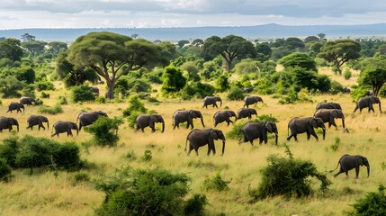 Fototapeta premium A herd of wild elephants walk through the savanna of Tarangire National Park in Tanzania, East Africa. 