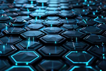 Obraz premium Futuristic Technology Background. Abstract Hexagon Pattern with Glowing Blue Lights. Perfect for cybersecurity, blockchain, or data science concepts.