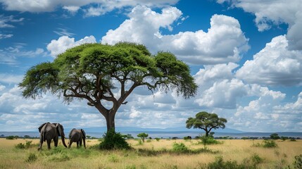 A herd of wild elephants walk through the savanna of Tarangire National Park in Tanzania, East Africa. 