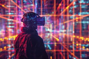 futuristic cityscape merging with digital network person wearing vr headset in foreground neon colors abstract data streams
