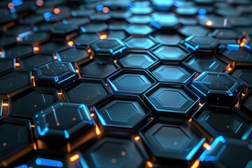 Obraz premium Abstract background of glowing blue and orange hexagons. Concept of technology, science, and the future.