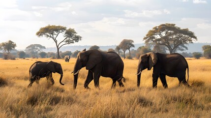 Fototapeta premium A herd of wild elephants walk through the savanna of Tarangire National Park in Tanzania, East Africa. 