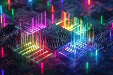 Fototapeta premium glowing ai chip emitting colorful light beams futuristic tech concept dark background with copy space digital innovation visualization