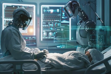 In a high-tech hospital room, a human doctor and an AI assistant perform a complex surgery. The AI, with its holographic display showing real-time patient data, guides the doctor with precision. The