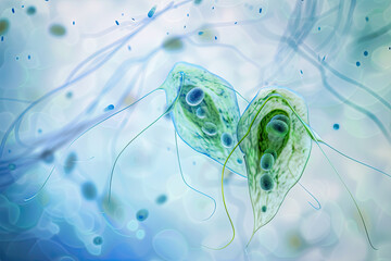 Detailed microscopic view of Giardia lamblia, light green and blue, tear-shaped, in a watery setting with ripples and particles.