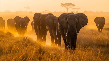 Fototapeta premium A herd of wild elephants walk through the savanna of Tarangire National Park in Tanzania, East Africa. 