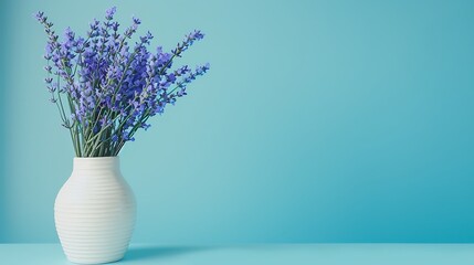 Lavender in white vase on blue background