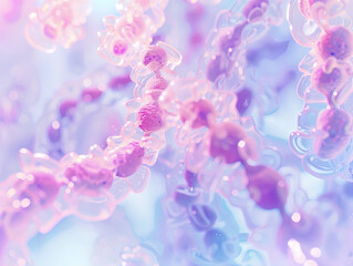 Microscopic view of Streptococcus bacteria, chain-like formation, soft pink and purple hues, floating in a light blue fluid environment with subtle cellular structures and gentle light reflections.