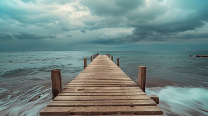 Fototapeta premium Wooden pier leading into the ocean under a cloudy sky, tranquil seascape at dawn. Coastal serenity and calmness concept