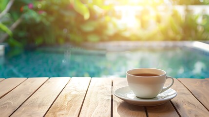 Morning cup of coffee on wooden table with pool background