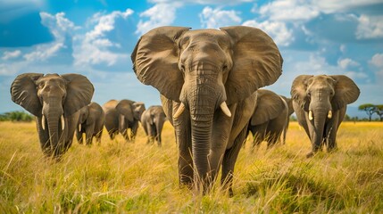 Fototapeta premium A herd of wild elephants walk through the savanna of Tarangire National Park in Tanzania, East Africa. 