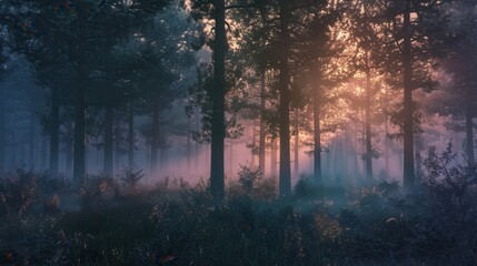 Fototapeta premium A tranquil forest scene at dawn, with golden sunlight breaking through the trees and casting a warm glow on the mist. Generative AI