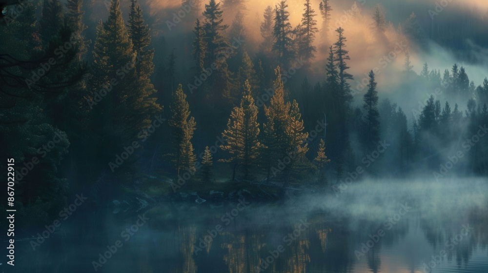 Poster A serene forest landscape at dawn with sunlight filtering through the trees and mist creating a mystical atmosphere. Generative AI