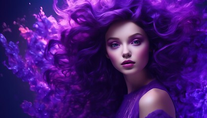 A beautiful girl with purple voluminous curly hair