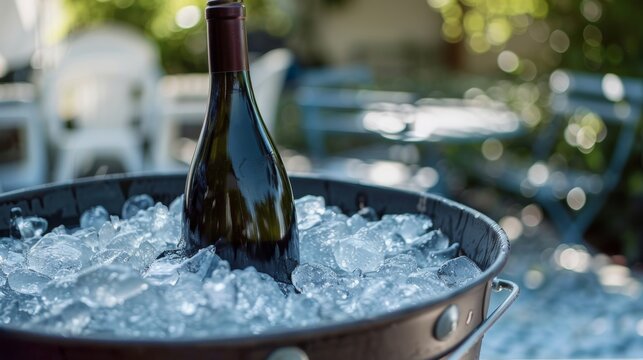 A bottle of locally made wine chilling in a bucket of ice waiting to be enjoyed.