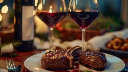 Candlelit dinner for a couple, enjoying succulent steaks and glasses of full-bodied red wine.