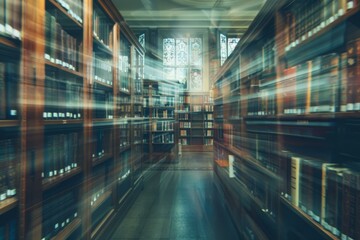 Library interior with bookshelves creating motion blur effect