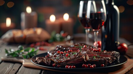 Rustic dining experience for two, savoring tender steaks and glasses of bold red wine.