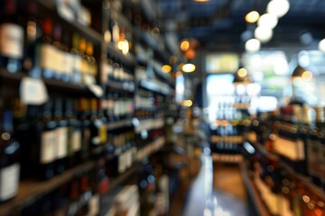 Obraz premium Blurred image of liquor store shelves stocked and ready for customers