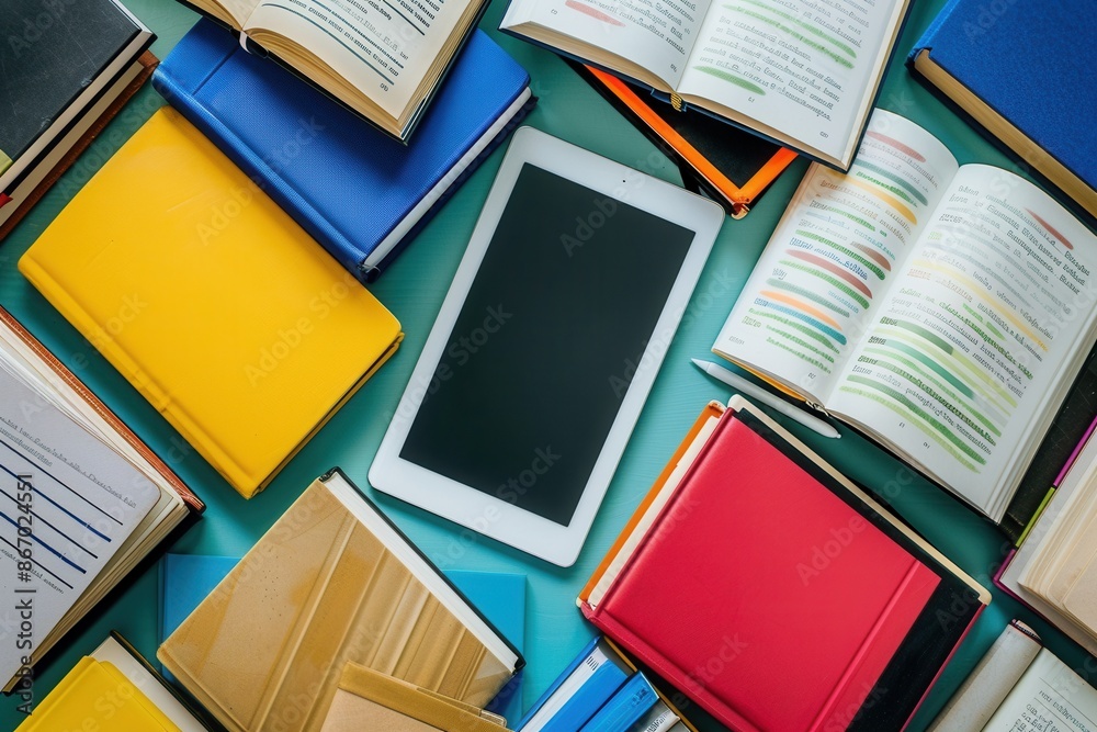 Poster a tablet and various textbooks are scattered on a blue surface, representing the blend of modern dig