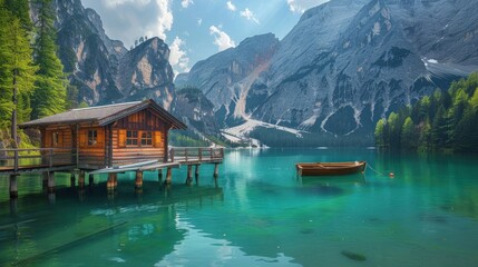 Fototapeta premium Scenic Cabin on a Tranquil Mountain Lake