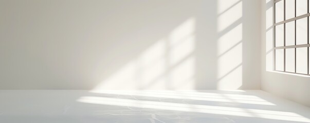 Fototapeta premium Sunlight streaming through large windows onto an empty white floor, creating minimalist shadows in a serene, bright indoor space.