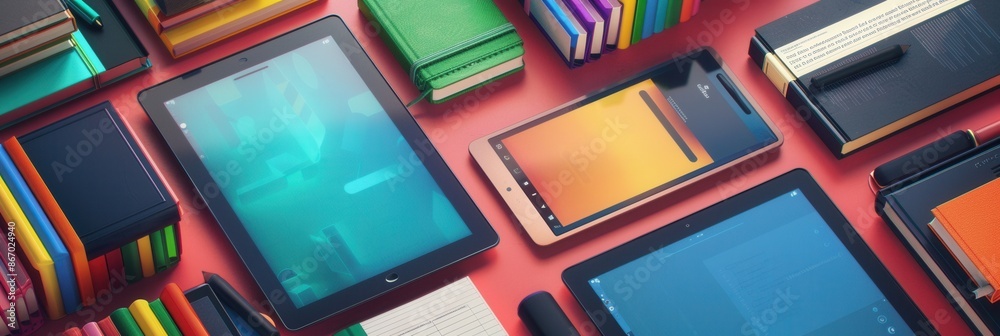 Poster a flat lay image showcasing various digital learning devices alongside traditional books, highlighti