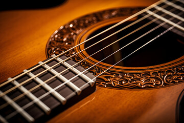 Obraz premium Exquisite Craftsmanship of a Glistening Acoustic Guitar: An Ode to Melodic Harmony
