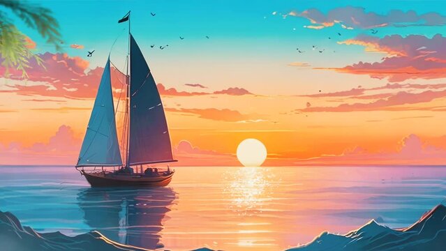 Seascape at sunset with sailboats. In the background smooth looping with 4K video animation 