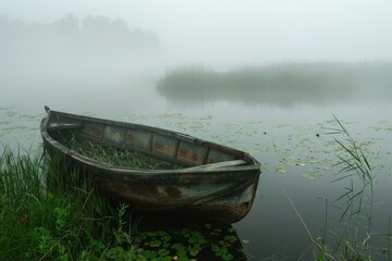 Obraz premium Old wooden boat filled with grass is resting on a misty lake in the early morning