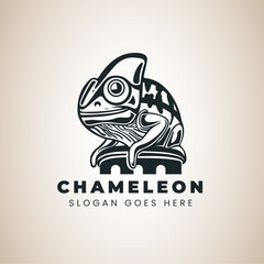 a chameleon standing on stone logo design template. Vector illustration isolated on white background