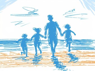 Obraz premium Joyful Family Bonding: Artistic Beach Scene with Father and Children Playing Under Sunny Skies