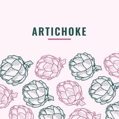 Artichoke, organic vegetable design template. Hand drawn vector food illustration. Engraved style vegetable frame. Retro botanical banner.pink and green colors.