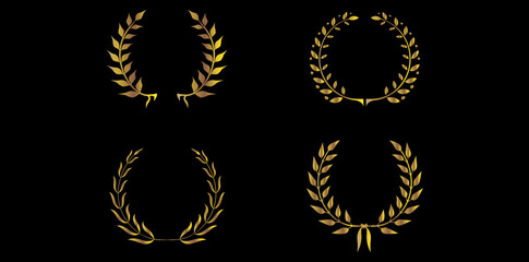 Obraz premium Collection Of Golden Laurel Wreaths On Black Background, Award Winner Emblems Vector Illustration. 