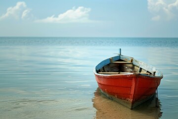 Obraz premium Small red wooden boat peacefully floating in shallow water on a sunny day