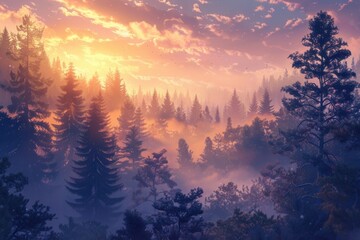 Naklejka premium A serene and mystical forest landscape at dawn, with trees silhouetted against a soft, golden sky and a blanket of mist creating a captivating atmosphere. Generative AI