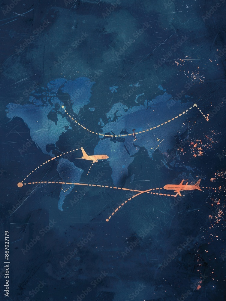 Aufkleber A minimalist world map with highlighted airplane routes. Perfect for travel agencies or global booking services. Generative AI