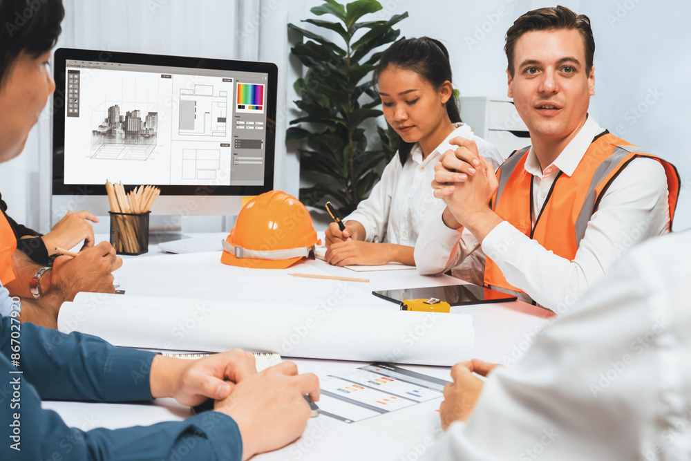 Poster diverse group of civil engineer and client working together on architectural project, reviewing cons