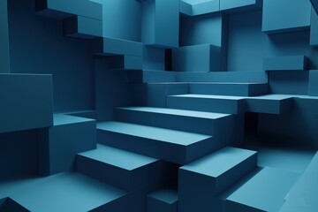 Abstract 3D rendering of blue geometric shapes, creating a modern and futuristic background or wallpaper. Concept of architecture, design, technology.
