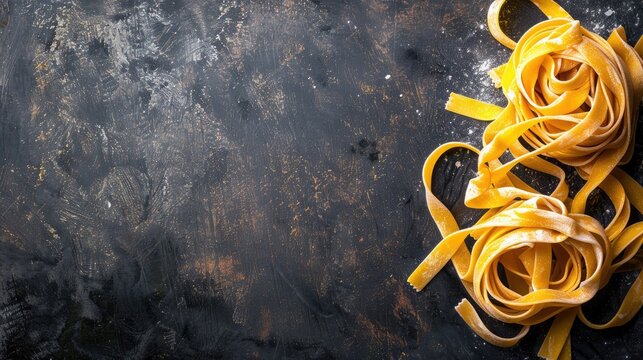 Fresh tagliatelle pasta on rustic background with copy space