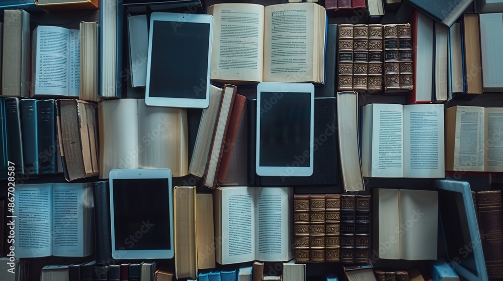 Fototapete a collection of tablets and e-readers displaying educational materials and e-textbooks against a bac